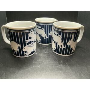 Curzon Running Easter Rabbit Ceramic Coffee Mug Blue & White Stripes, Vtg.